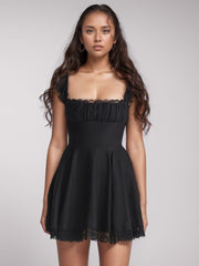 Lace Detail Square Neck Cap Sleeve Mini Dress - Trendsi