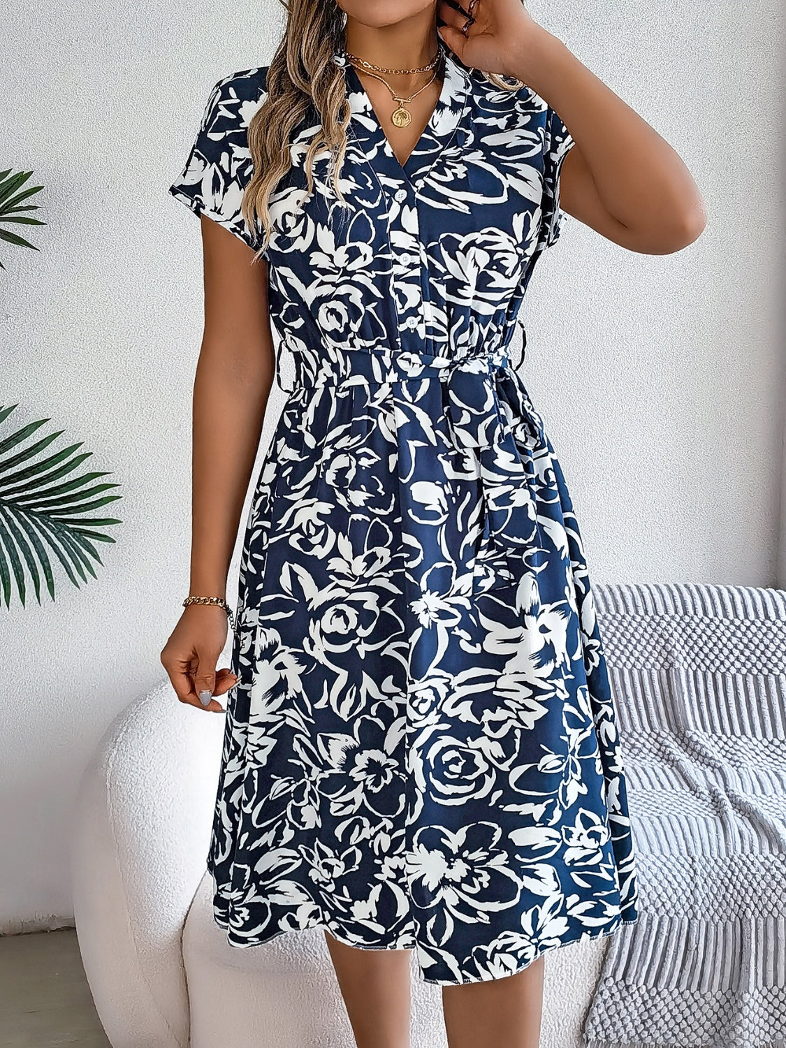 Printed V-Neck Short Sleeve Dress Trendsi