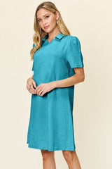 Double Take Full Size Texture Collared Neck Short Sleeve Dress - Trendsi