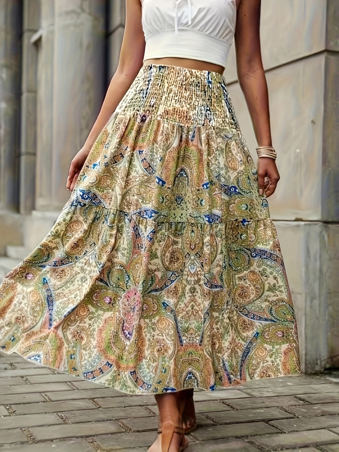 Full Size Tiered Smocked Printed High Waist Skirt Trendsi