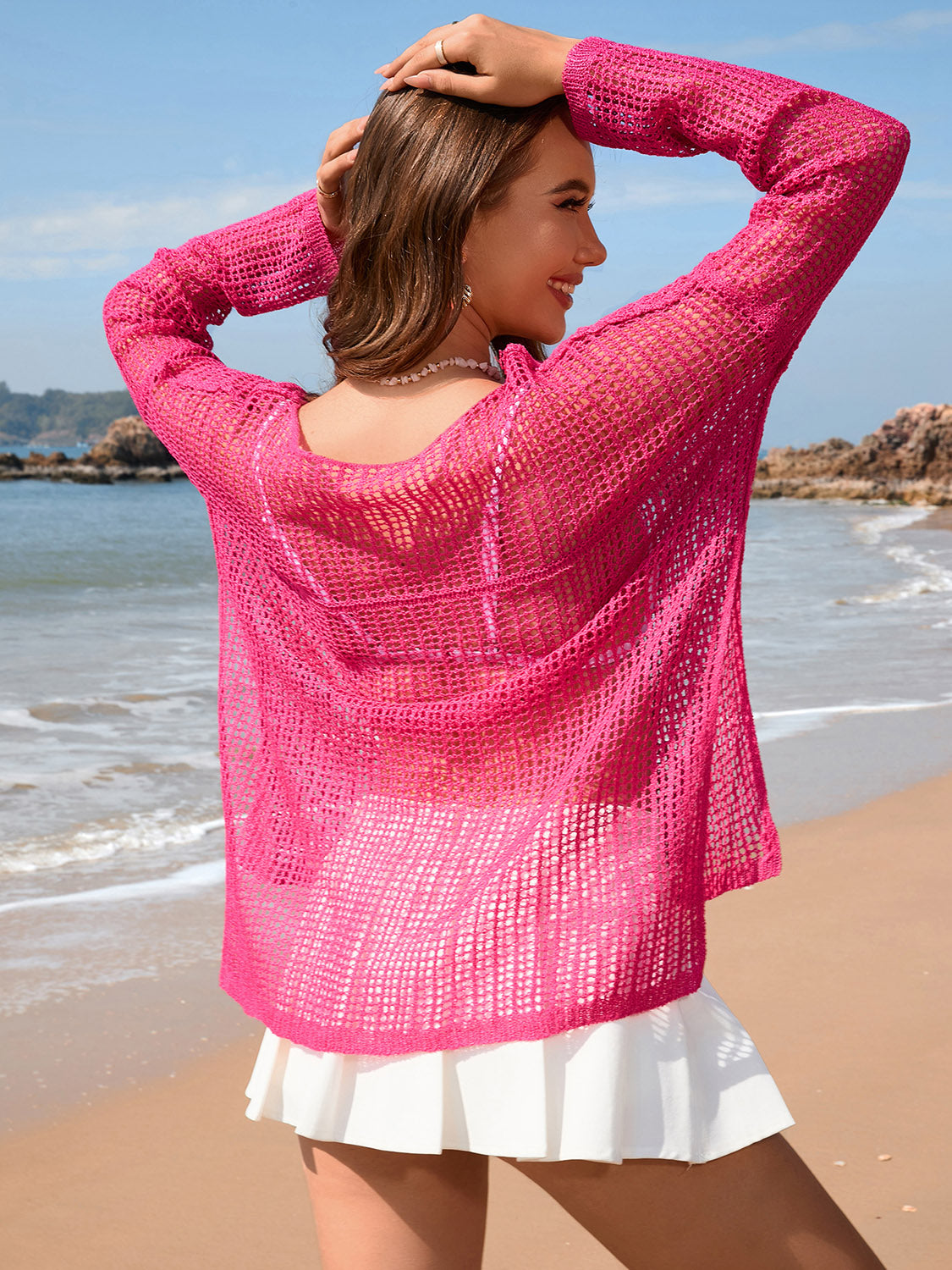 Openwork Slit Boat Neck Long Sleeve Cover-Up - Flyclothing LLC