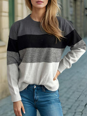 Color Block Round Neck Long Sleeve Sweater - Trendsi