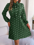 Polka Dot Tie Neck Pleated Dress - Flyclothing LLC