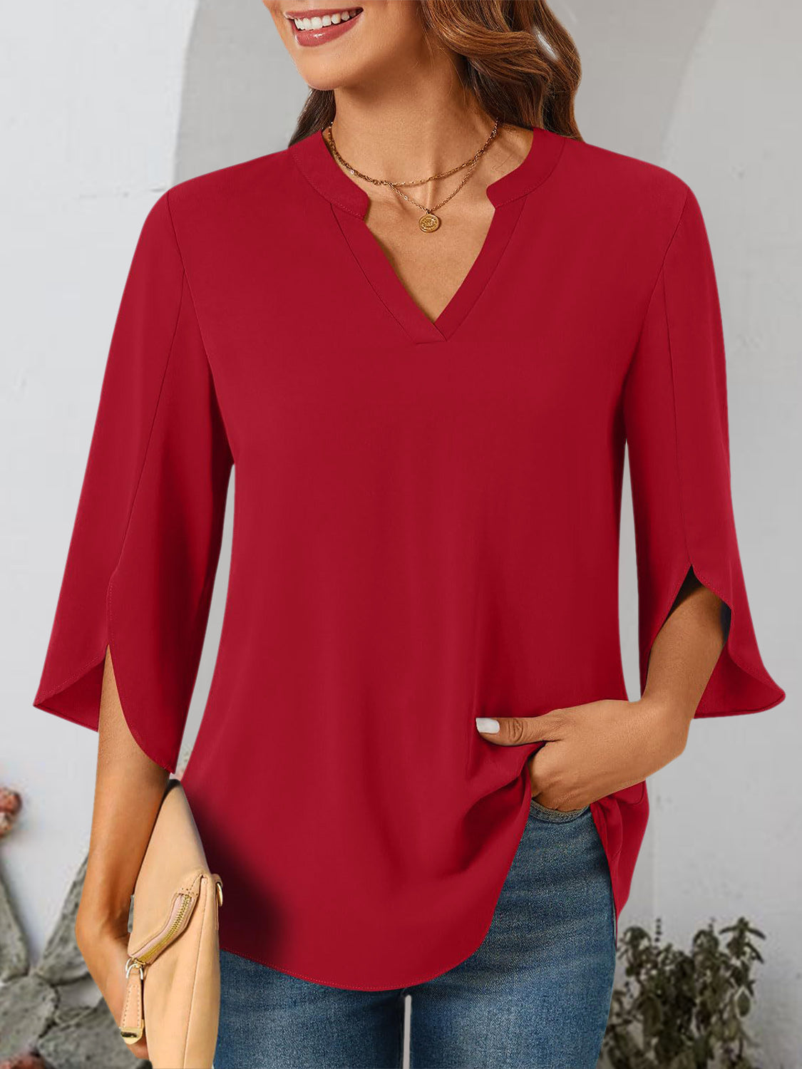 Notched Slit Half Sleeve Blouse Trendsi