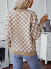 Checkered V-Neck Dropped Shoulder Sweater - Trendsi