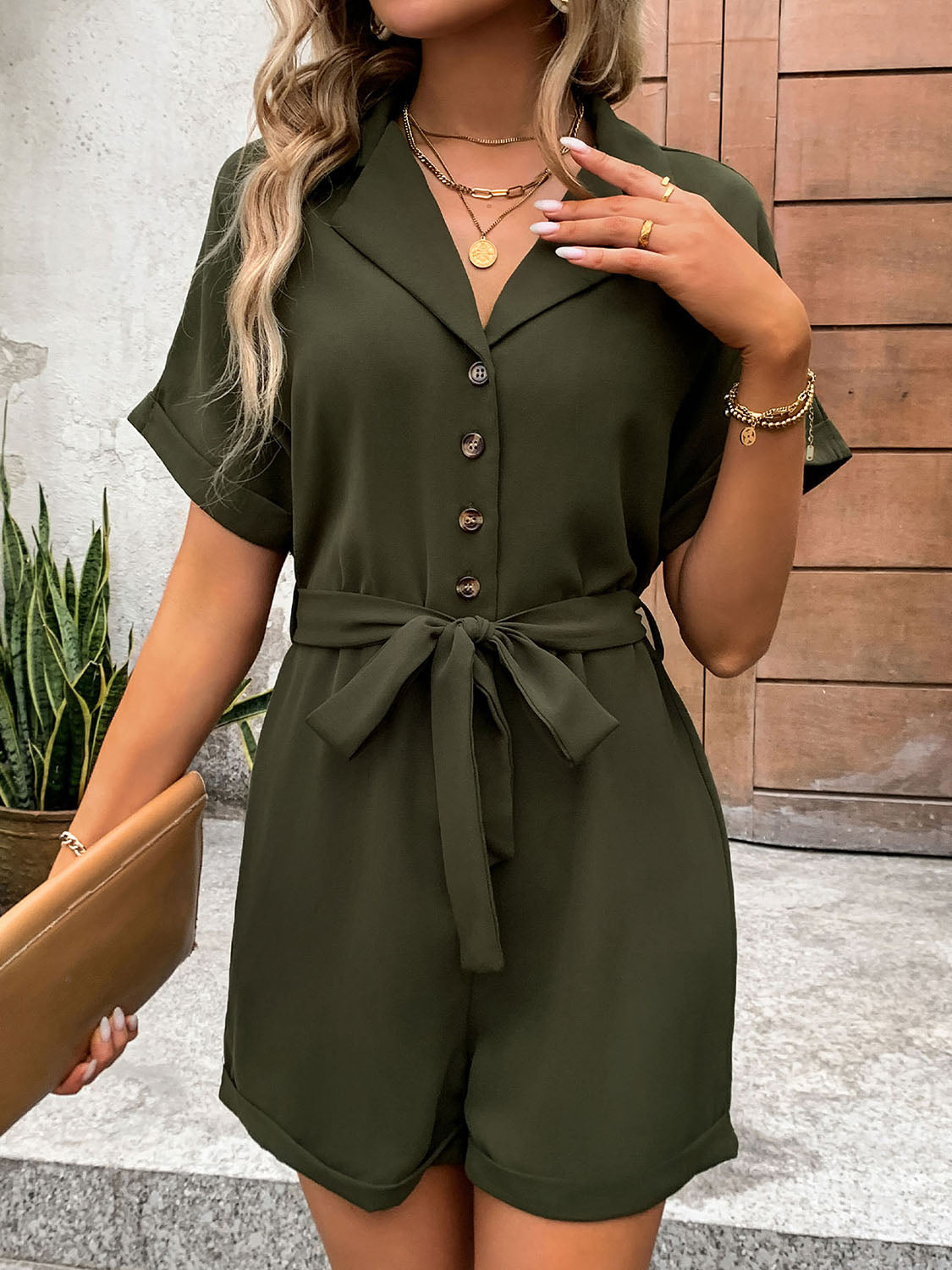 Half Button Tie Waist Short Sleeve Romper