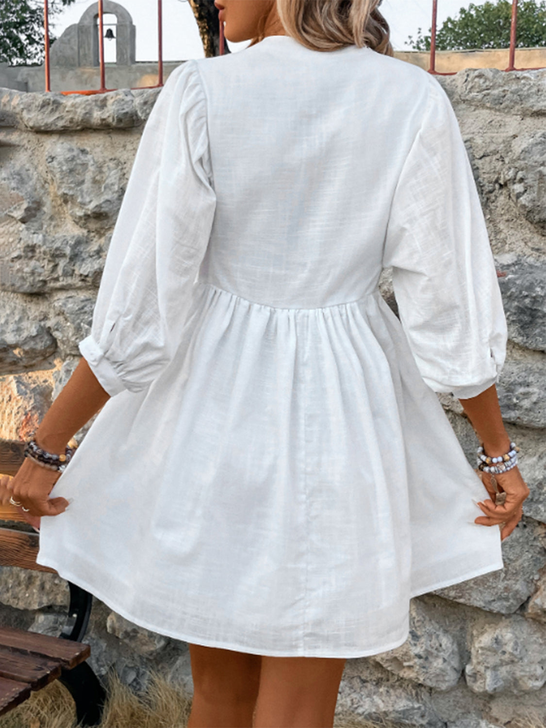 Lace Detail Half Button Three-Quarter Sleeve Dress Trendsi