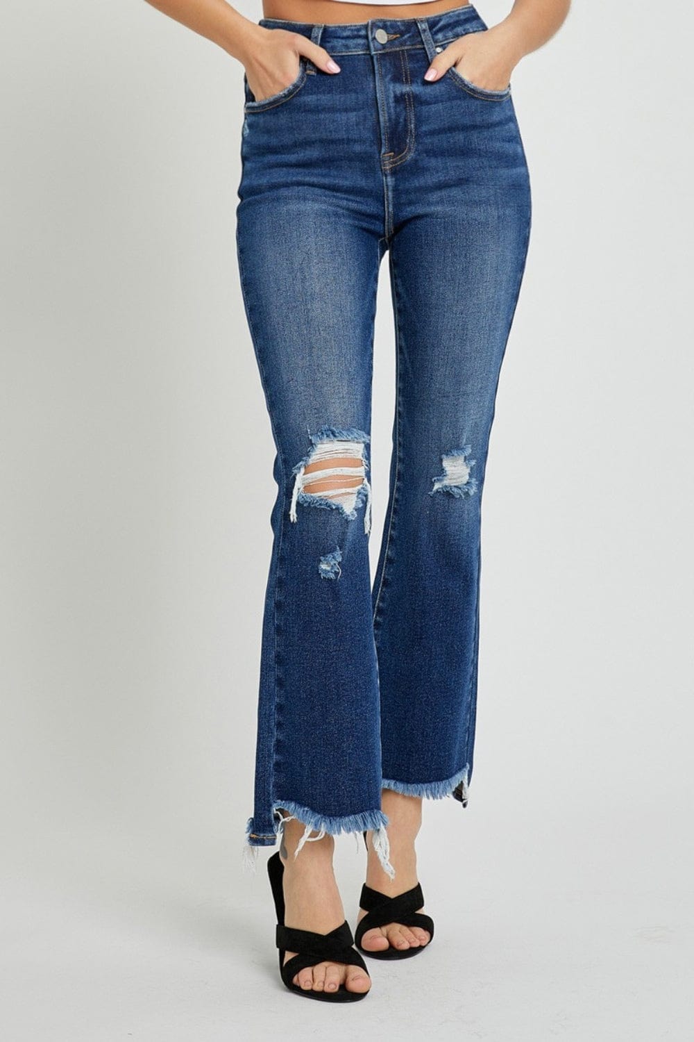 RISEN High Rise Distressed Crop Flare Jeans - Trendsi