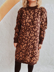 Leopard Round Neck Long Sleeve Sweater - Trendsi