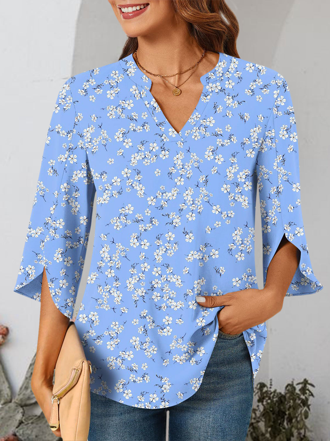 Notched Slit Half Sleeve Blouse Trendsi