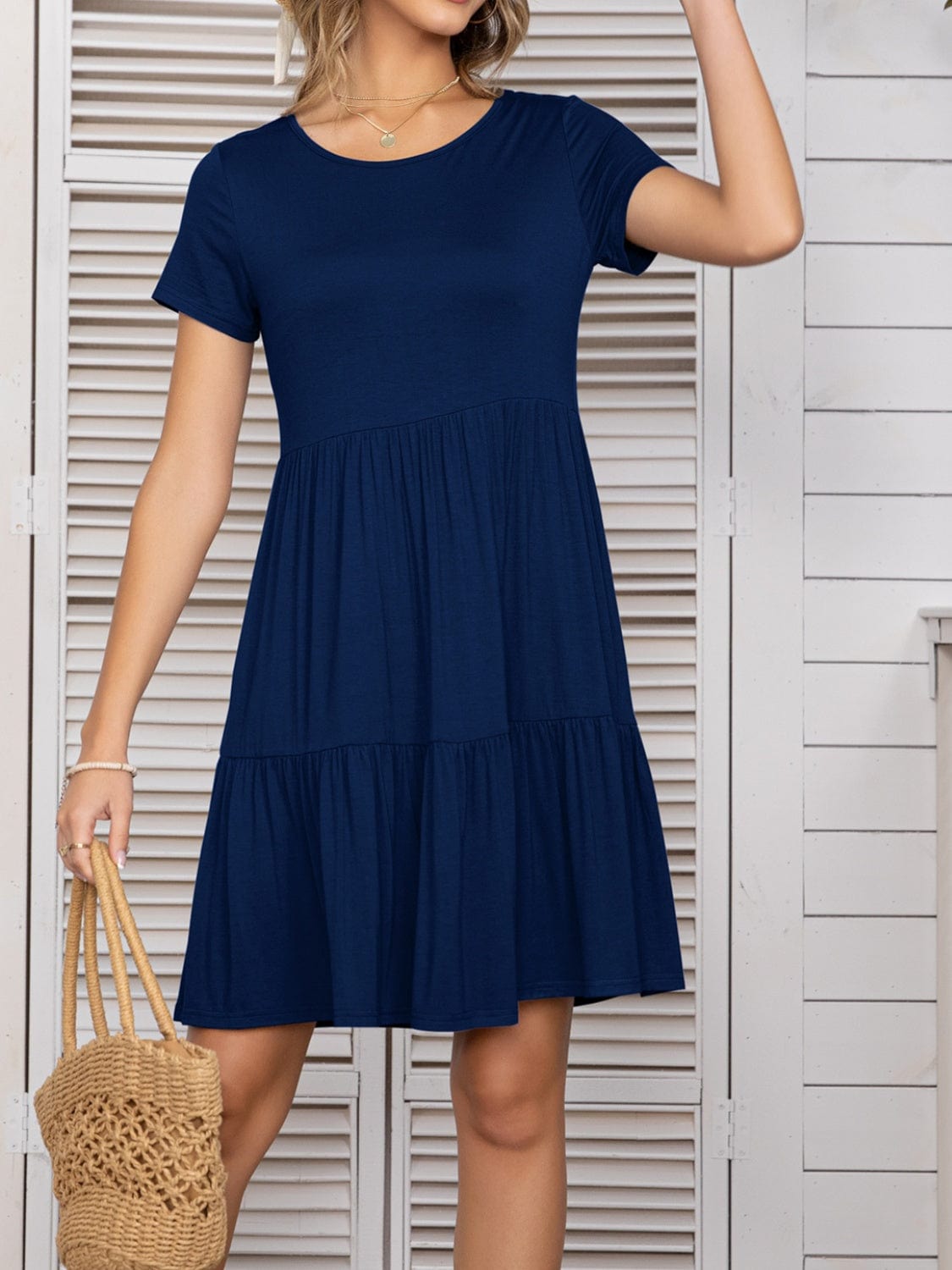 Round Neck Short Sleeve Mini Tee Dress - Trendsi