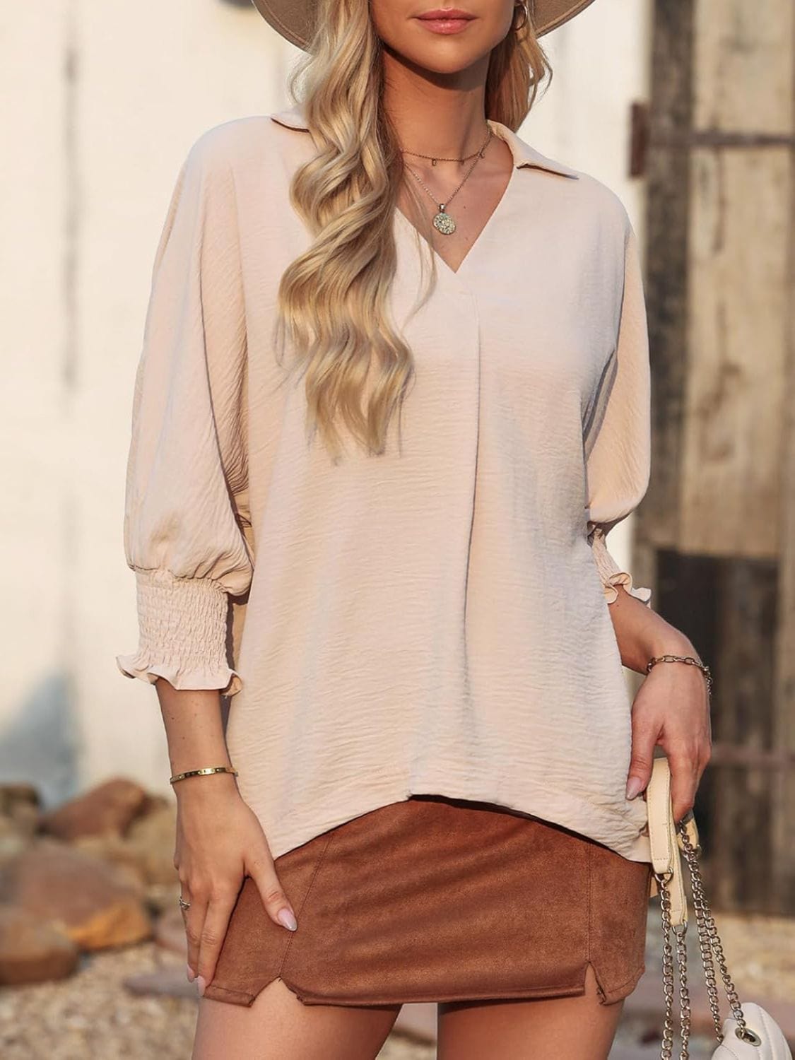 Johnny Collar Three-Quarter Sleeve Blouse - Trendsi