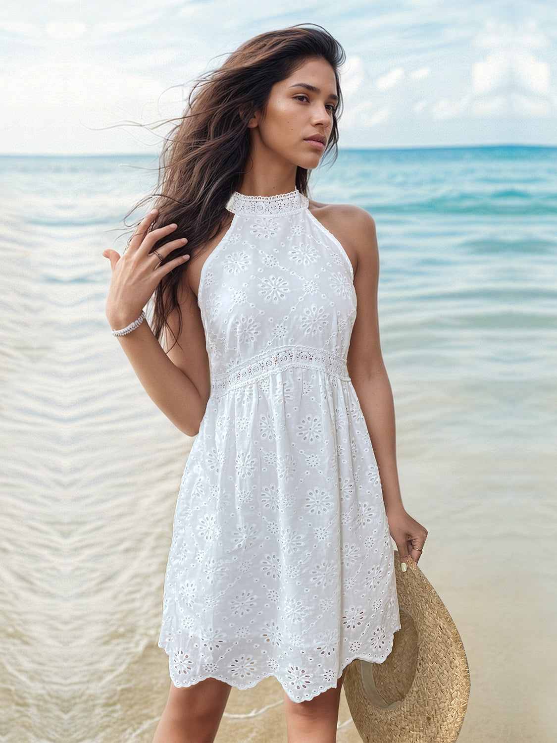 Eyelet Grecian Neck Mini Dress - Flyclothing LLC