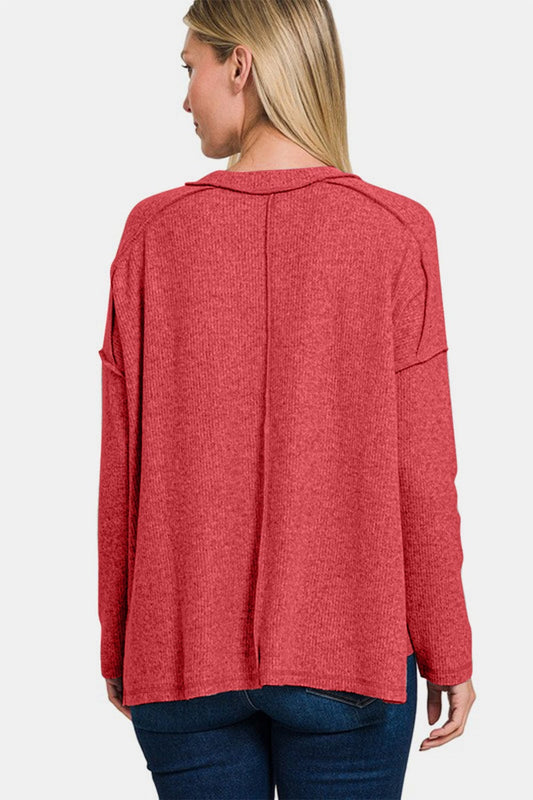 Zenana Full Size Exposed Seam Brushed Round Neck Sweater