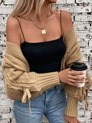 Cable-Knit Tied Open Front Lantern Sleeve Cardigan - Trendsi