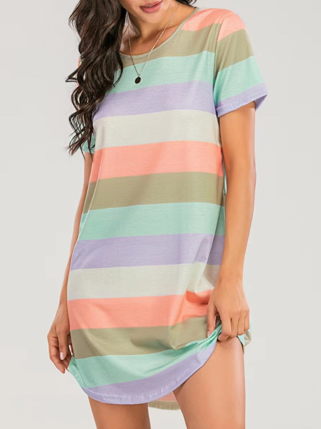 Striped Round Neck Short Sleeve Tee Dress Trendsi