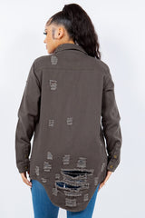 American Bazi Distressed Button Up Long Sleeve Denim Jacket - Trendsi