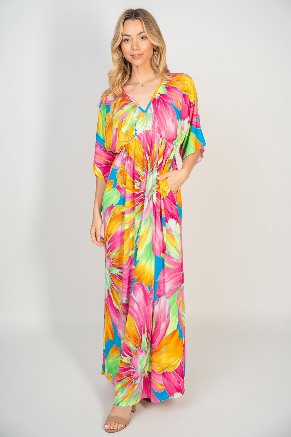 White Birch Printed V-Neck Maxi Dress with Pockets - Flyclothing LLC