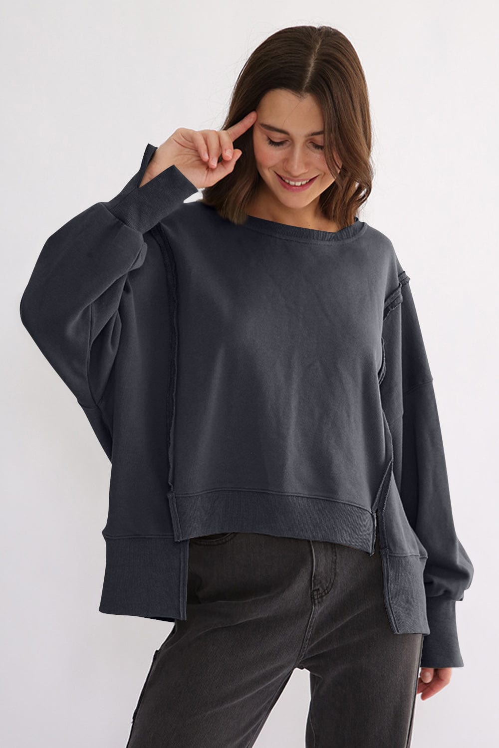 Exposed Seam High-Low Long Sleeve Sweatshirt - Trendsi