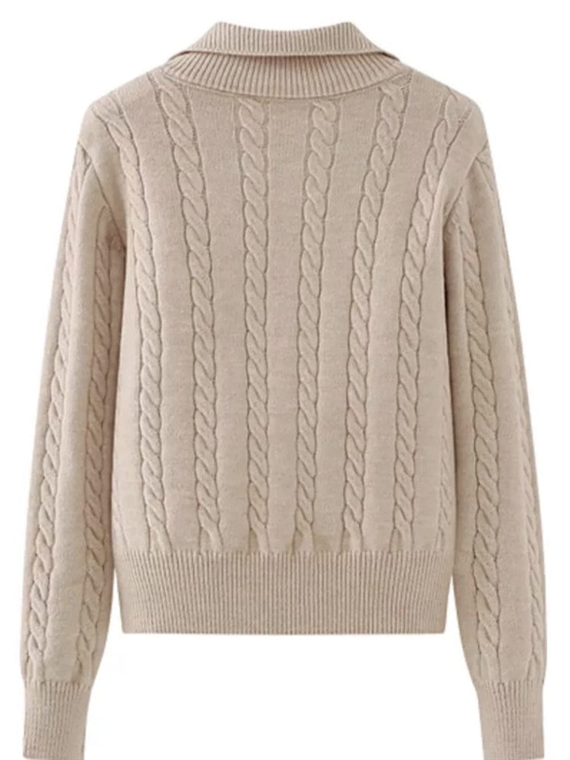 Cable-Knit Half Zip Long Sleeve Sweater - Trendsi