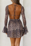 Backless Leopard Flare Sleeve Dress - Trendsi