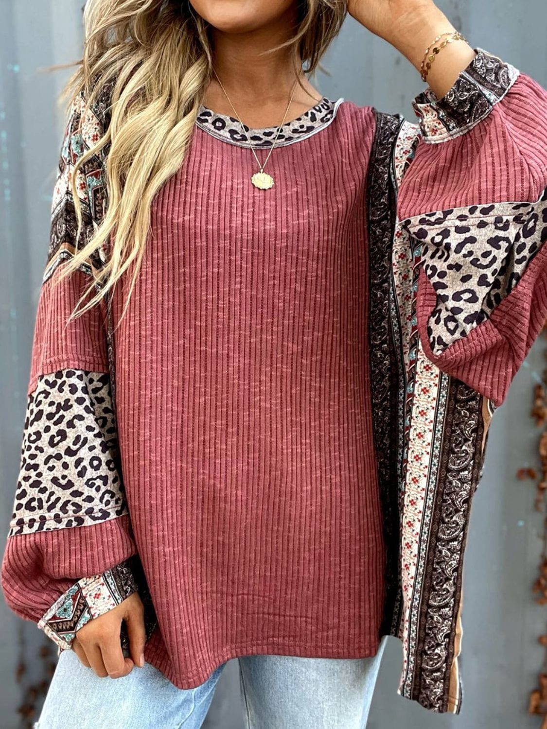 Leopard Round Neck Long Sleeve Sweatshirt - Trendsi