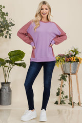 Celeste Full Size High-Low Contrast Round Neck Sweatshirt - Trendsi