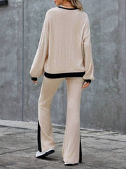 Contrast Round Neck Long Sleeve Top and Bootcut Pants Set - Trendsi