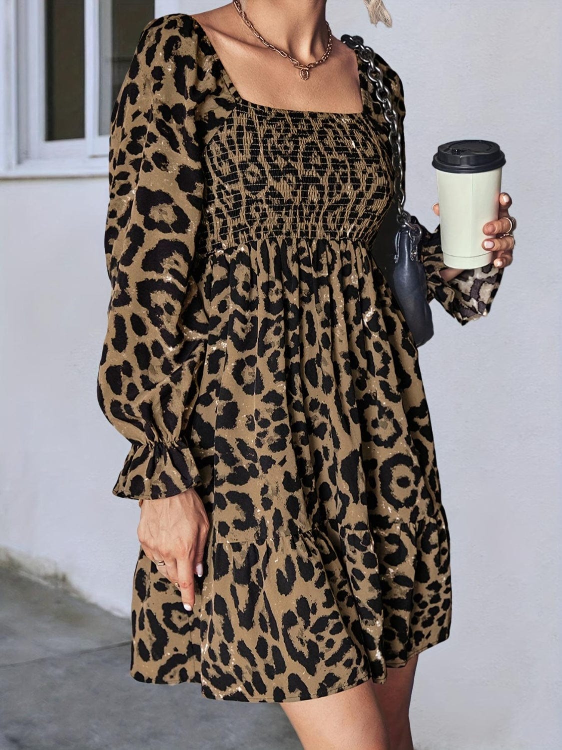 Leopard Smocked Flounce Sleeve Mini Dress - Trendsi