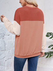 Color Block Round Neck Long Sleeve Sweatshirt - Trendsi