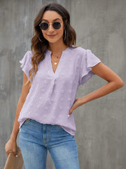 Swiss Dot Notched Flutter Sleeve Blouse Trendsi