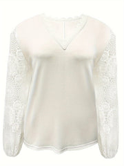 Plus Size Lace Detail V-Neck Long Sleeve T-Shirt - Trendsi