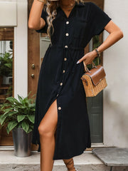 Slit Drawstring Button Up Short Sleeve Midi Dress Trendsi