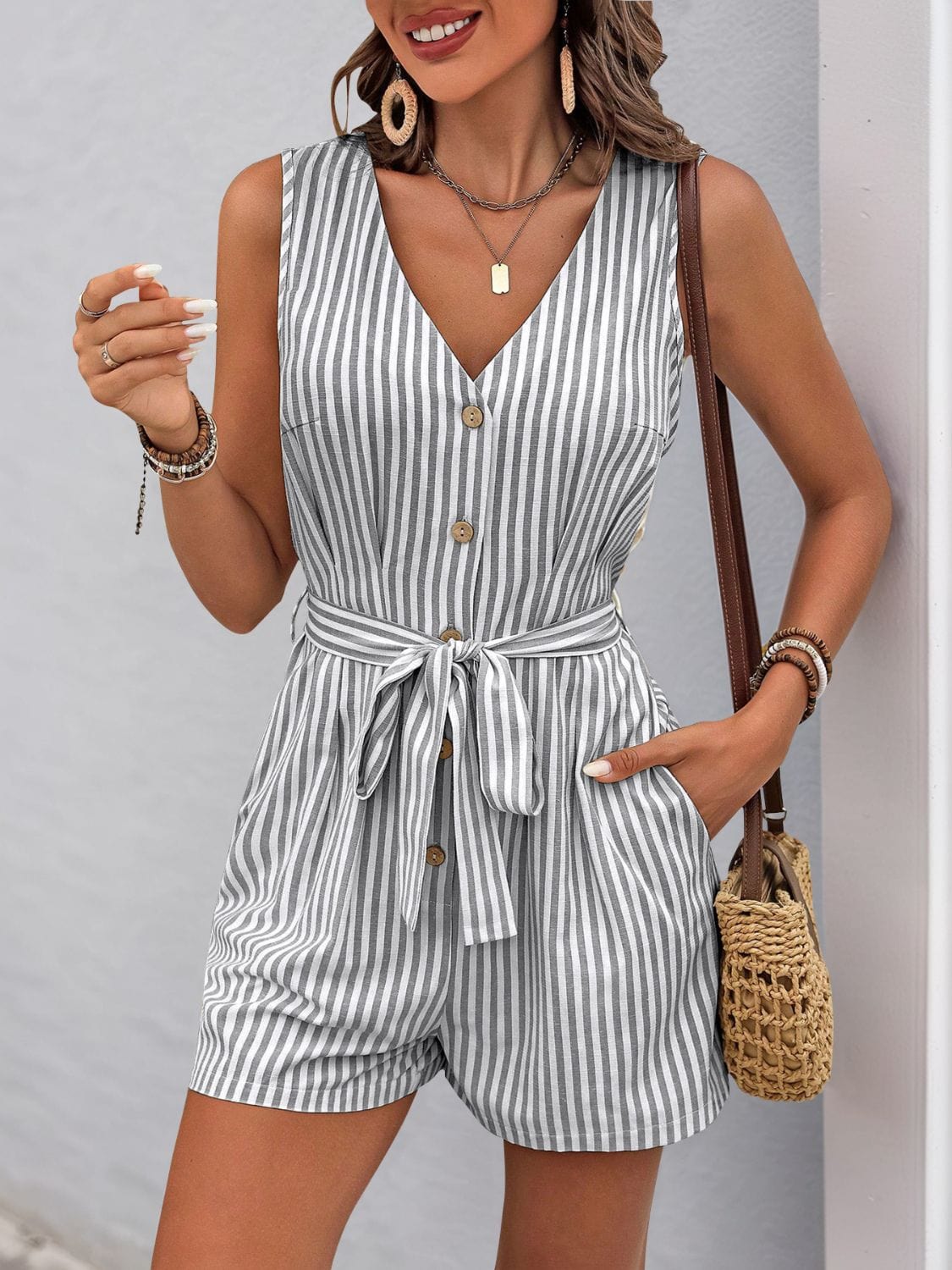 Perfee Striped V-Neck Tie Waist Romper - Trendsi