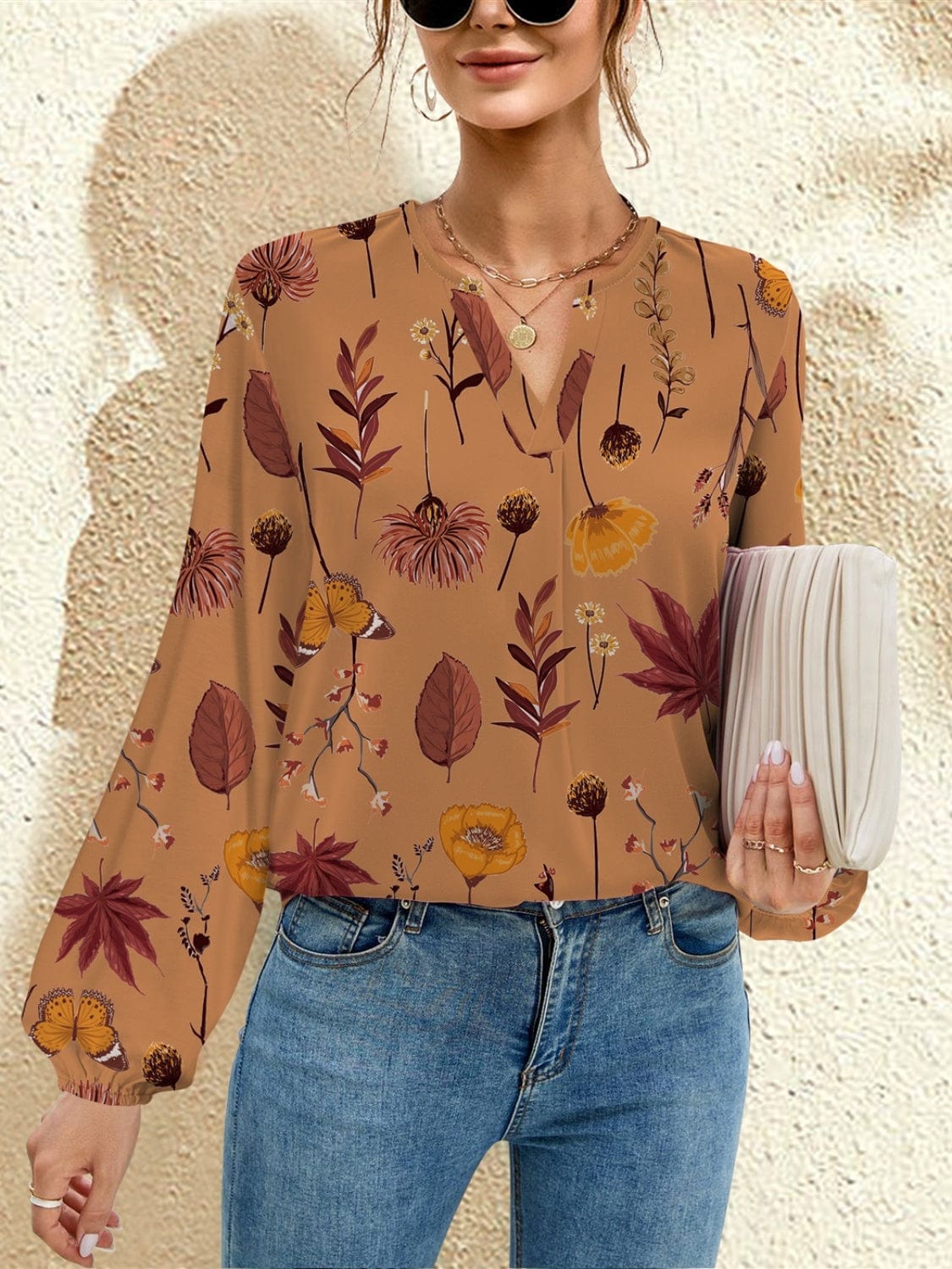 FAM-FAM Printed Notched Long Sleeve Blouse - Trendsi