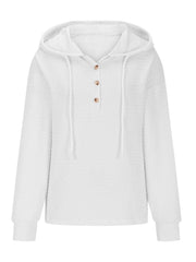 Drawstring Quarter Button Long Sleeve Hoodie - Trendsi