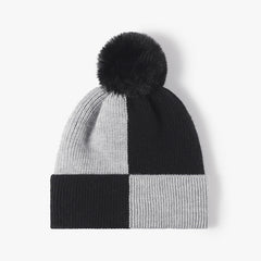 Color Block Knit Hat with Pom-pom