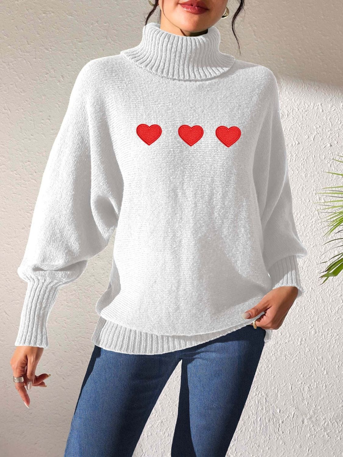 Heart Turtleneck Long Sleeve Sweater - Trendsi