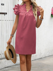 Ruffled Notched Cap Sleeve Mini Dress Trendsi