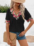 Eyelet Embroidered V-Neck Short Sleeve Blouse Trendsi