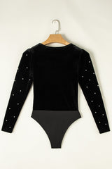 Pearl Detail Velvet V-Neck Long Sleeve Bodysuit - Trendsi