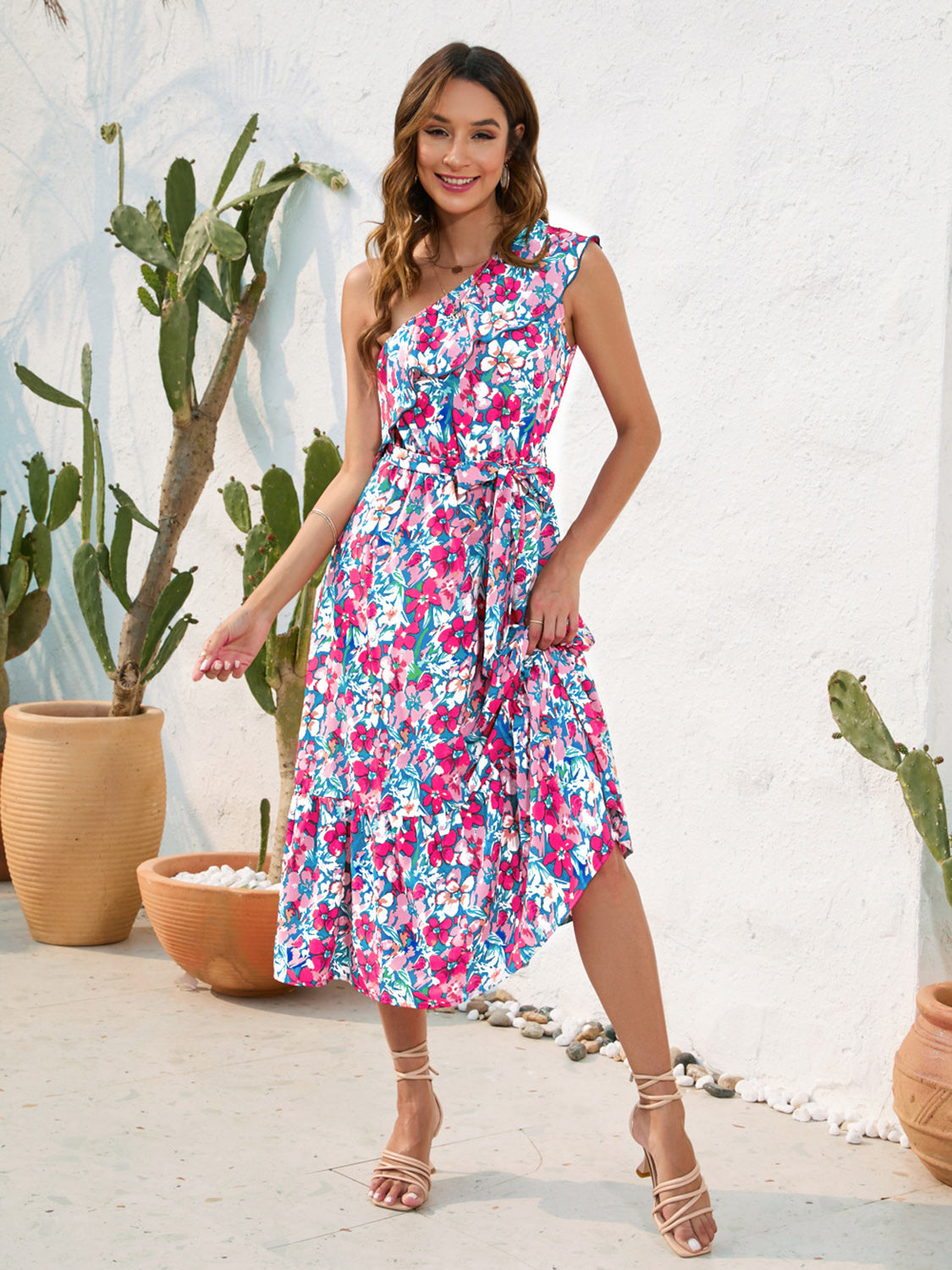 Ruffled Printed One Shoulder Midi Dress - Flyclothing LLC