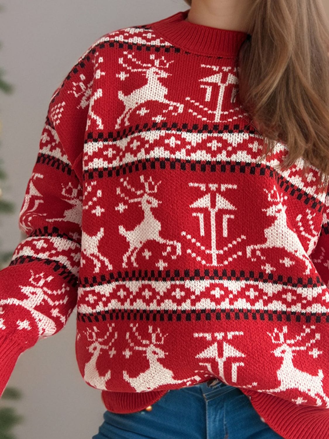 Christmas Element Round Neck Long Sleeve Sweater - Trendsi