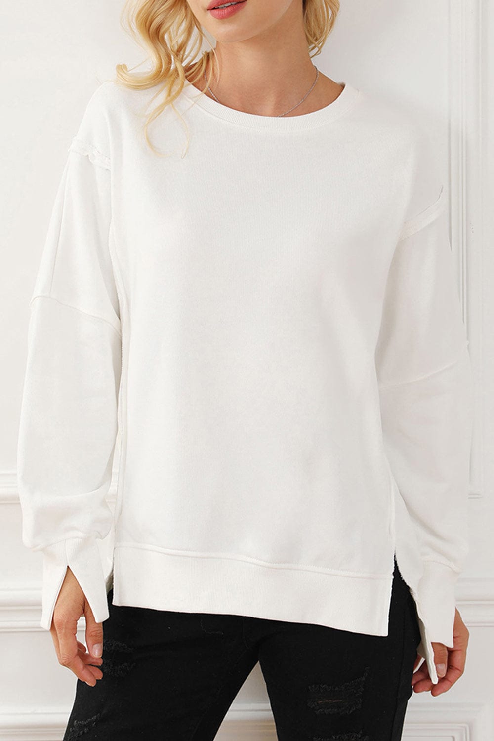 Exposed Seam High-Low Long Sleeve Sweatshirt - Trendsi