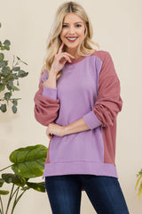 Celeste Full Size High-Low Contrast Round Neck Sweatshirt - Trendsi