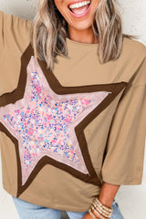 Star Applique Patch Round Neck T-Shirt