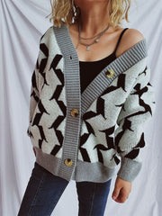 Contrast Trim Geometric V-Neck Long Sleeve Cardigan - Trendsi