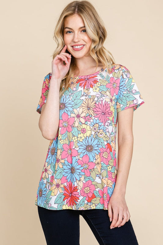 BOMBOM Floral Short Sleeve T-Shirt - Trendsi