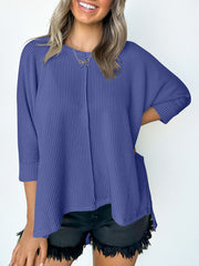 Textured Round Neck Three-Quarter Sleeve Blouse Trendsi