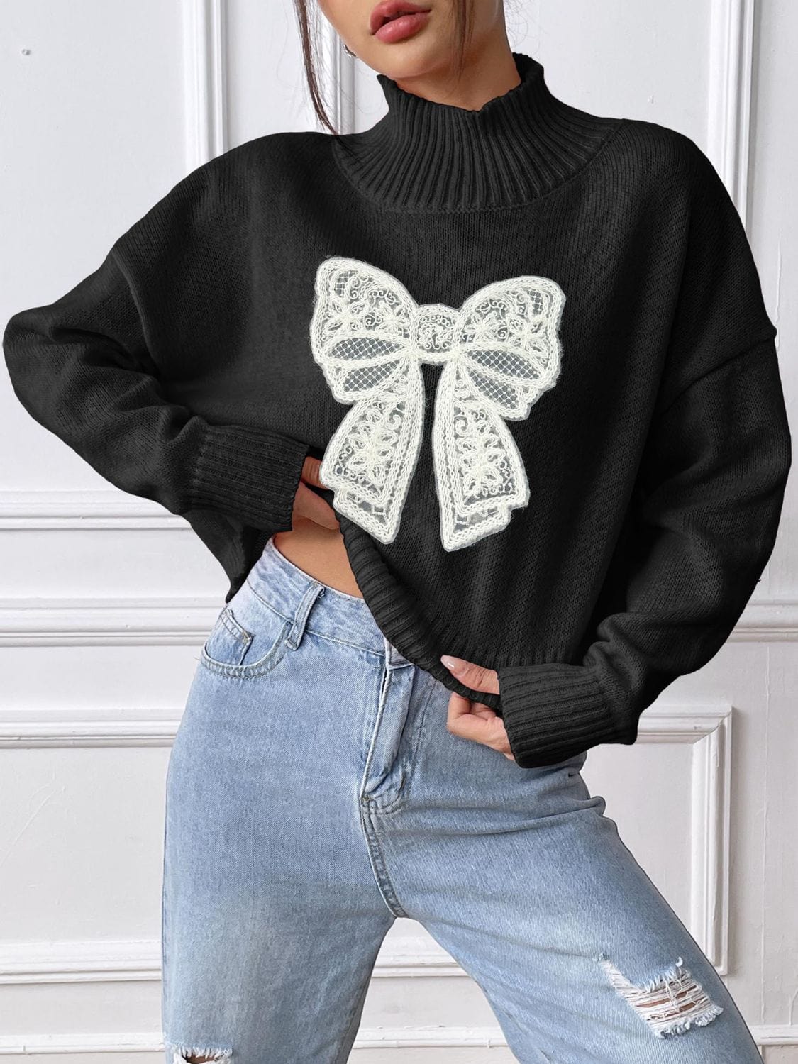 Bow Turtleneck Long Sleeve Sweater - Trendsi